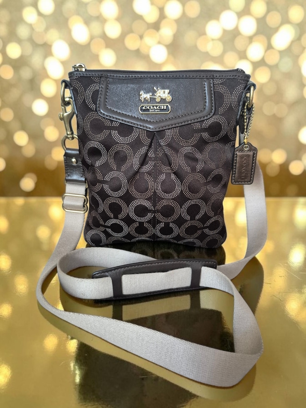 Coach Dark Brown Signature Crossbody Bag with Beige Strap Purple Interior